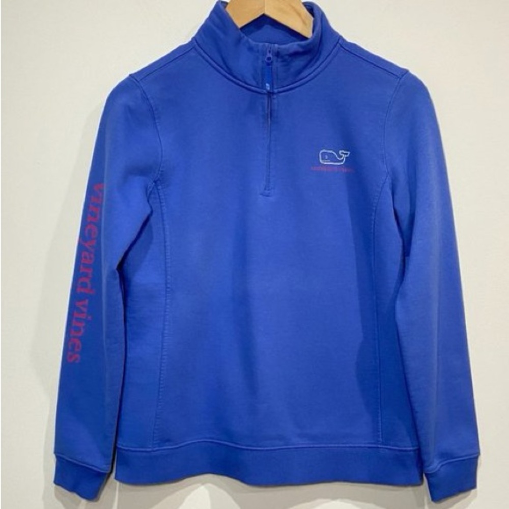Vineyard Vines Blue Quarter-Zip Sweatshirt with Pink Sleeve Logo
